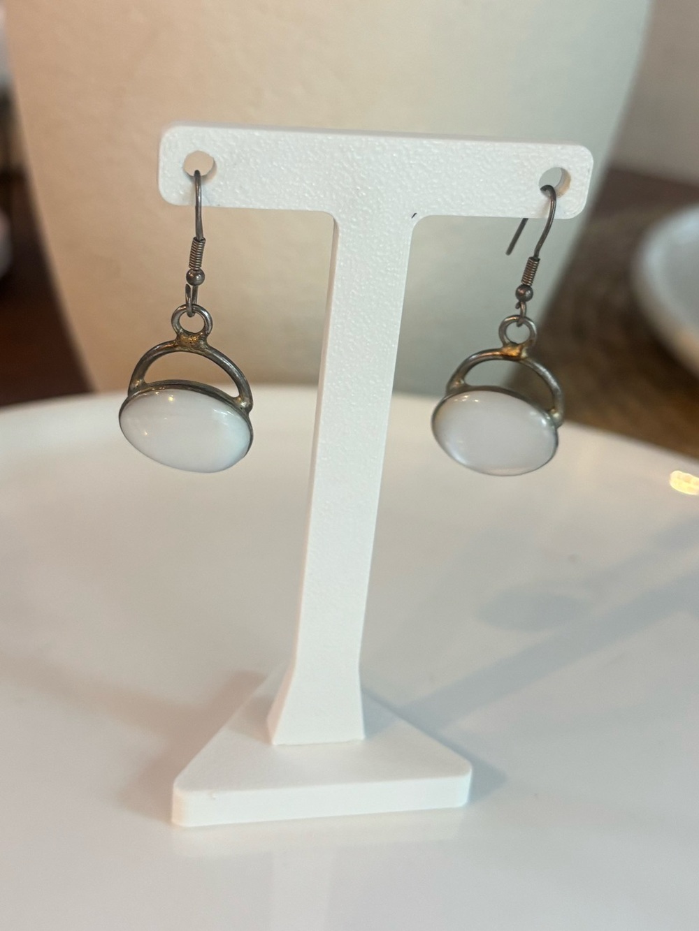 Vintage Mexico Silver Tone White Cabochon Inlay Dangle Drop Earrings Signed 1.5”